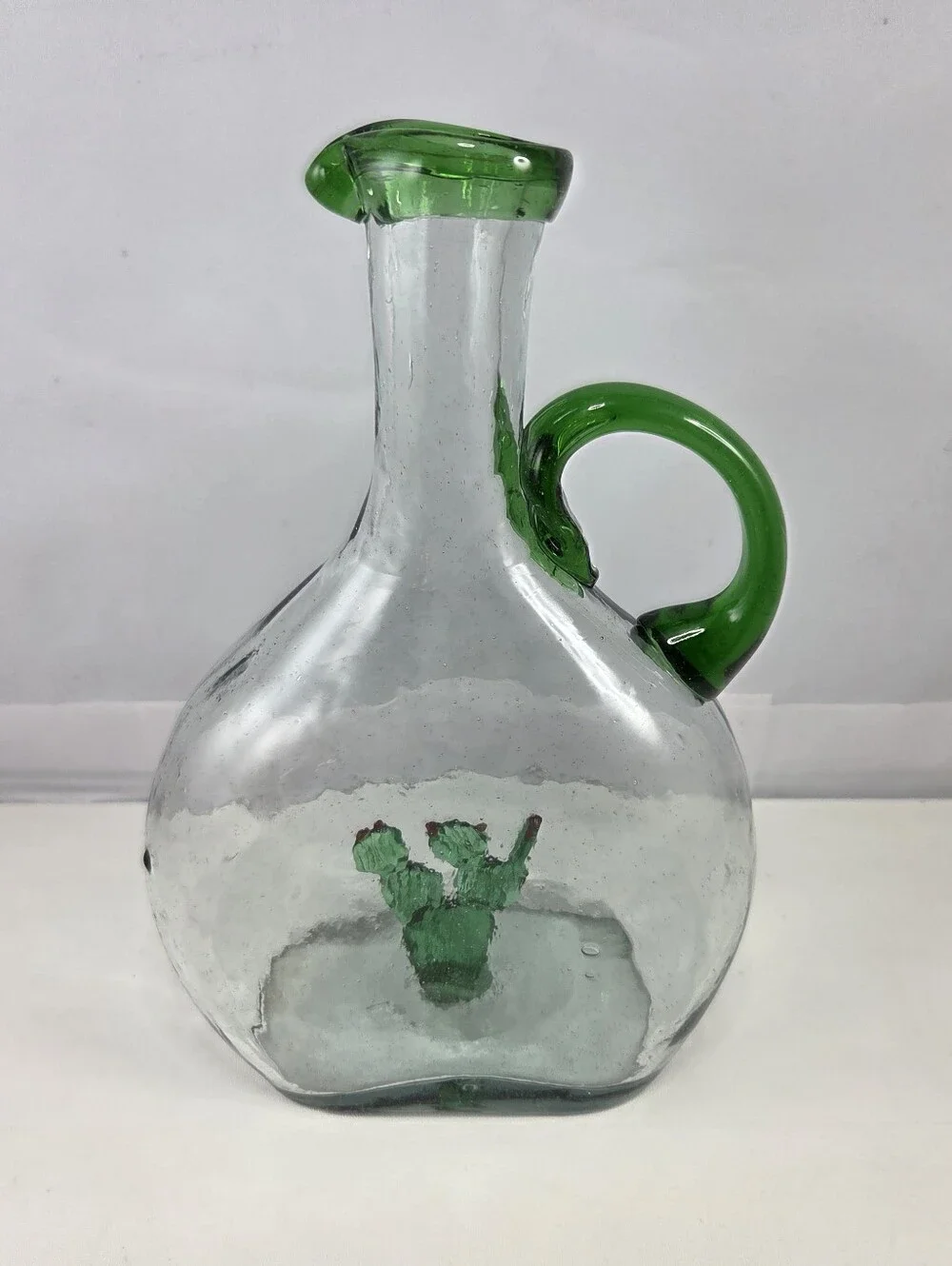 Vintage Mexican Hand-Blown Glass Decanter, Green Cactus Inside Tequila Pitcher